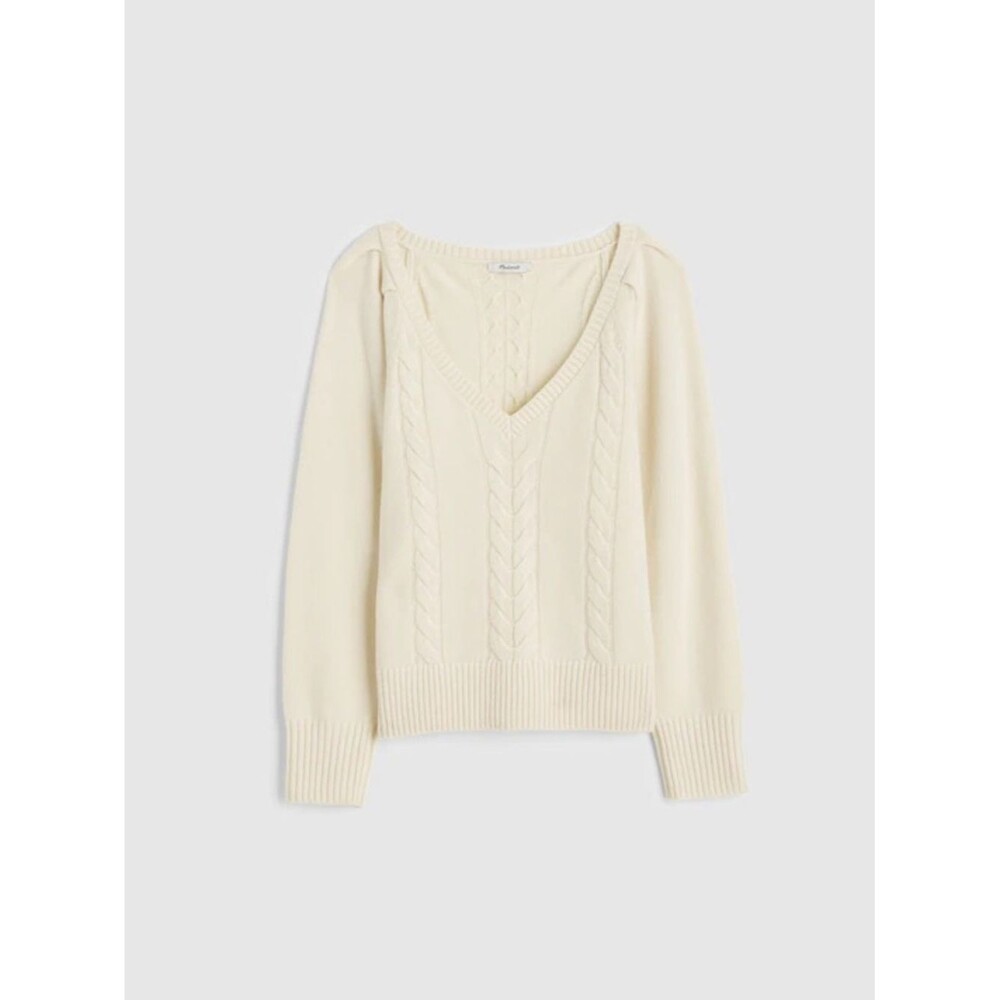 Madewell V-Neck Pullover Sweater Women’s XS Cream Relaxed Cable Stitch Wool - Picture 4 of 4
